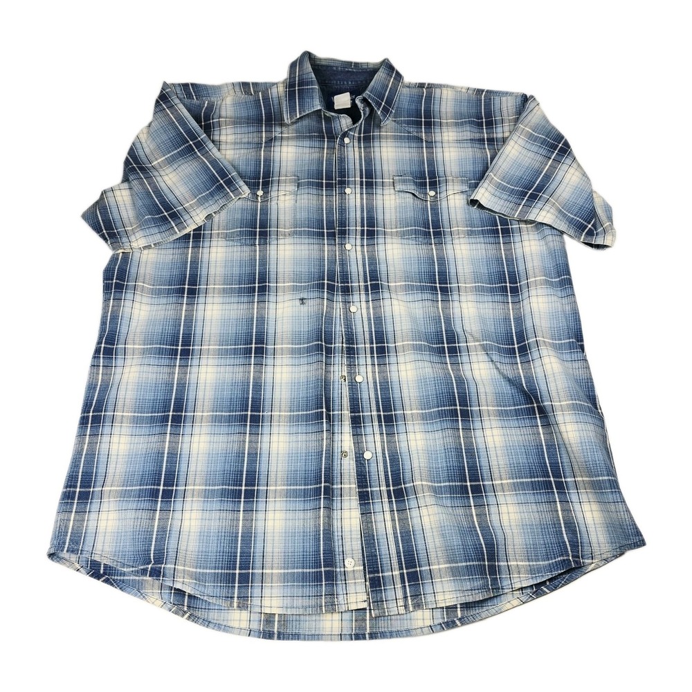 Vintage Wrangler Western Shirt Mens 2XL Blue Plaid Pearl Snap Short Sleeve 2X